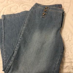 Westport jeans with button detail on front and in back, wide leg.